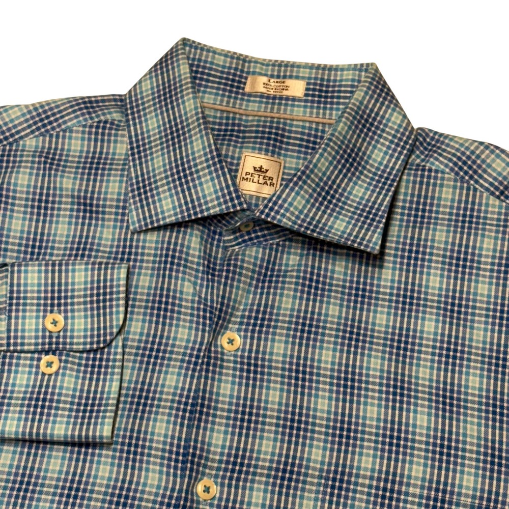 Peter Millar Plaid Button Down Mens Large Blue Cotton Spread Collar Office Shirt
